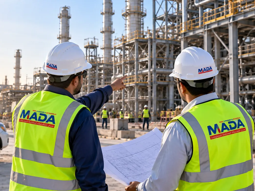 Two MADA engineers with site drawings, one pointing towards a process plant under construction