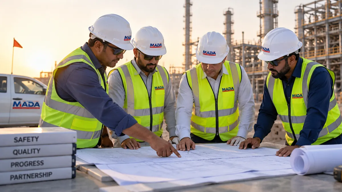 Four MADA engineers reviewing drawings together on site at a process plant