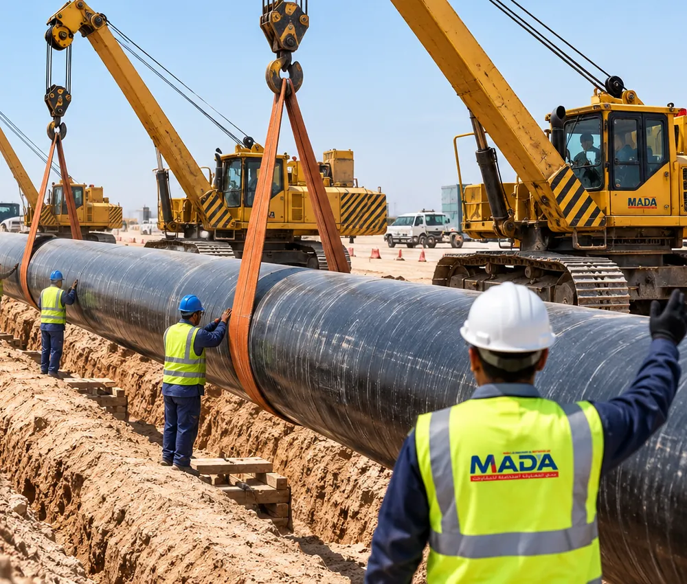 Sideboom tractors lowering a coated pipeline section into a trench