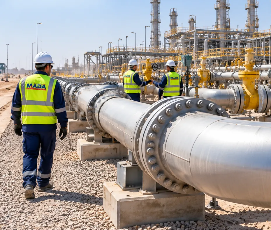 Engineers walking beside large flanged pipework at a gas processing facility