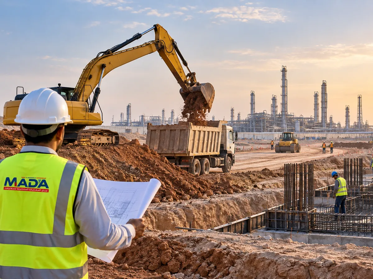 Excavator loading a dump truck beside foundation reinforcement, with an engineer reviewing drawings
