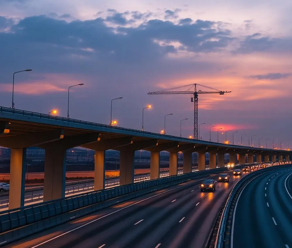 Elevated highway and tower crane at dusk
