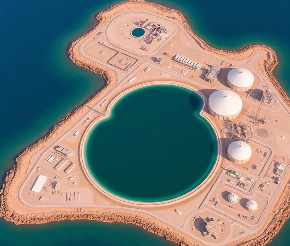 Aerial view of a coastal industrial facility with domed storage tanks