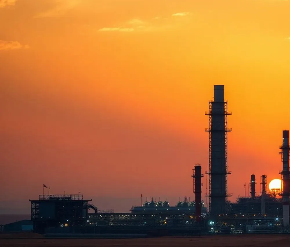 Refinery skyline silhouetted against a desert sunset