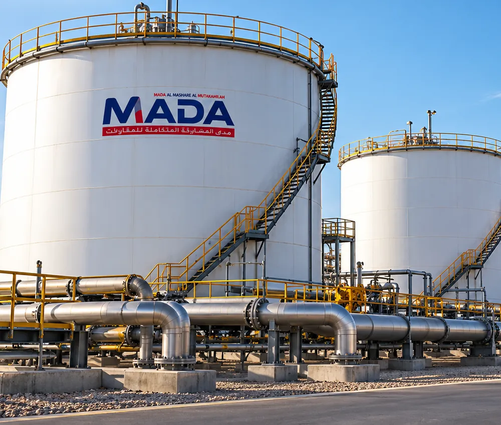 Large white storage tanks with access stairways and connected pipework
