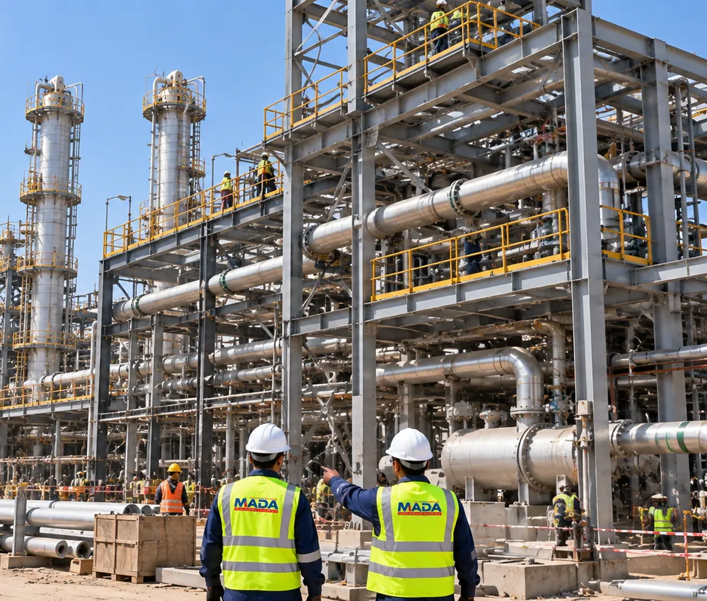 Engineers overseeing steel pipe-rack structures and process piping under construction