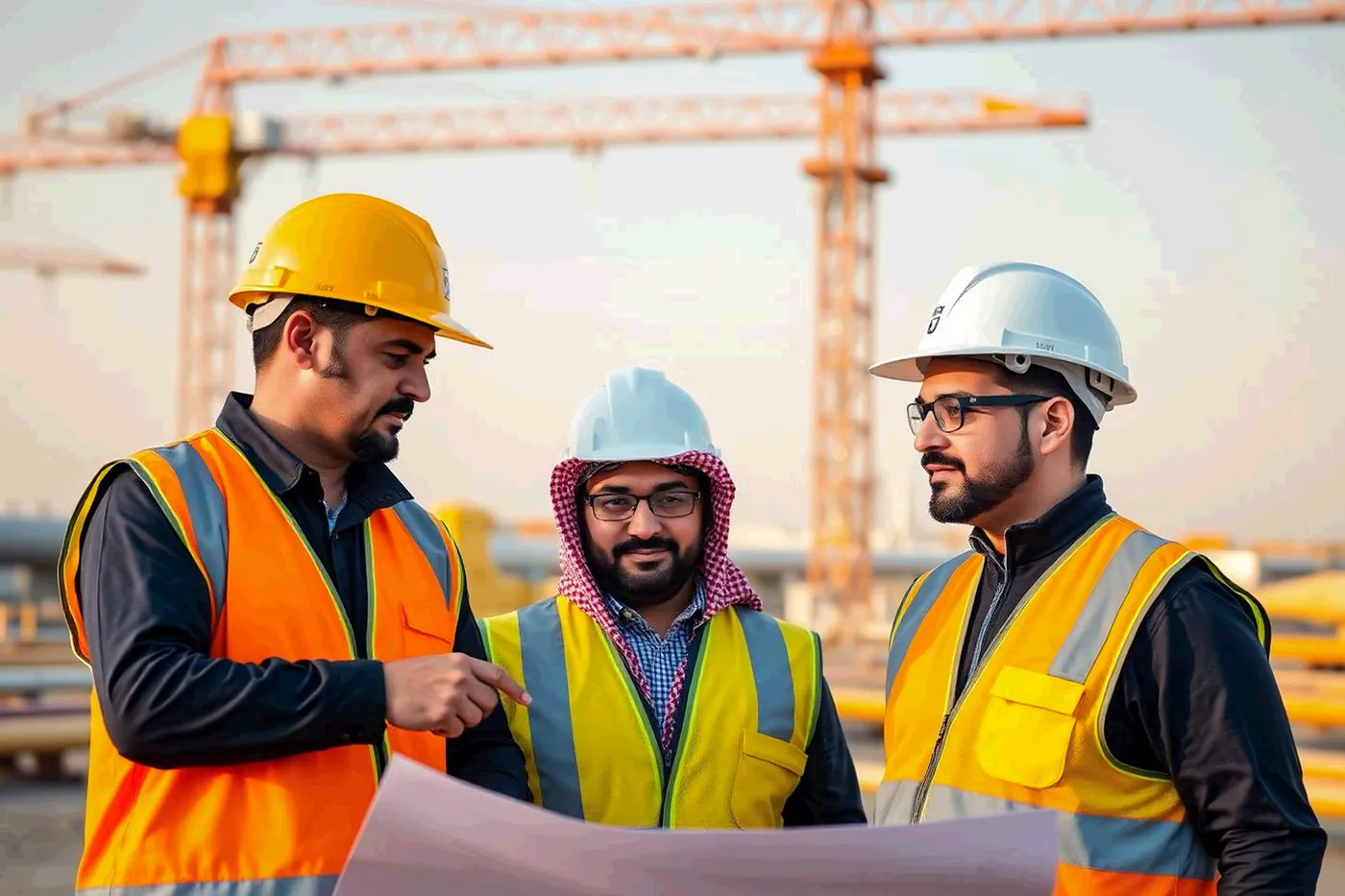 Three engineers in hard hats and high-visibility vests reviewing drawings on a construction site