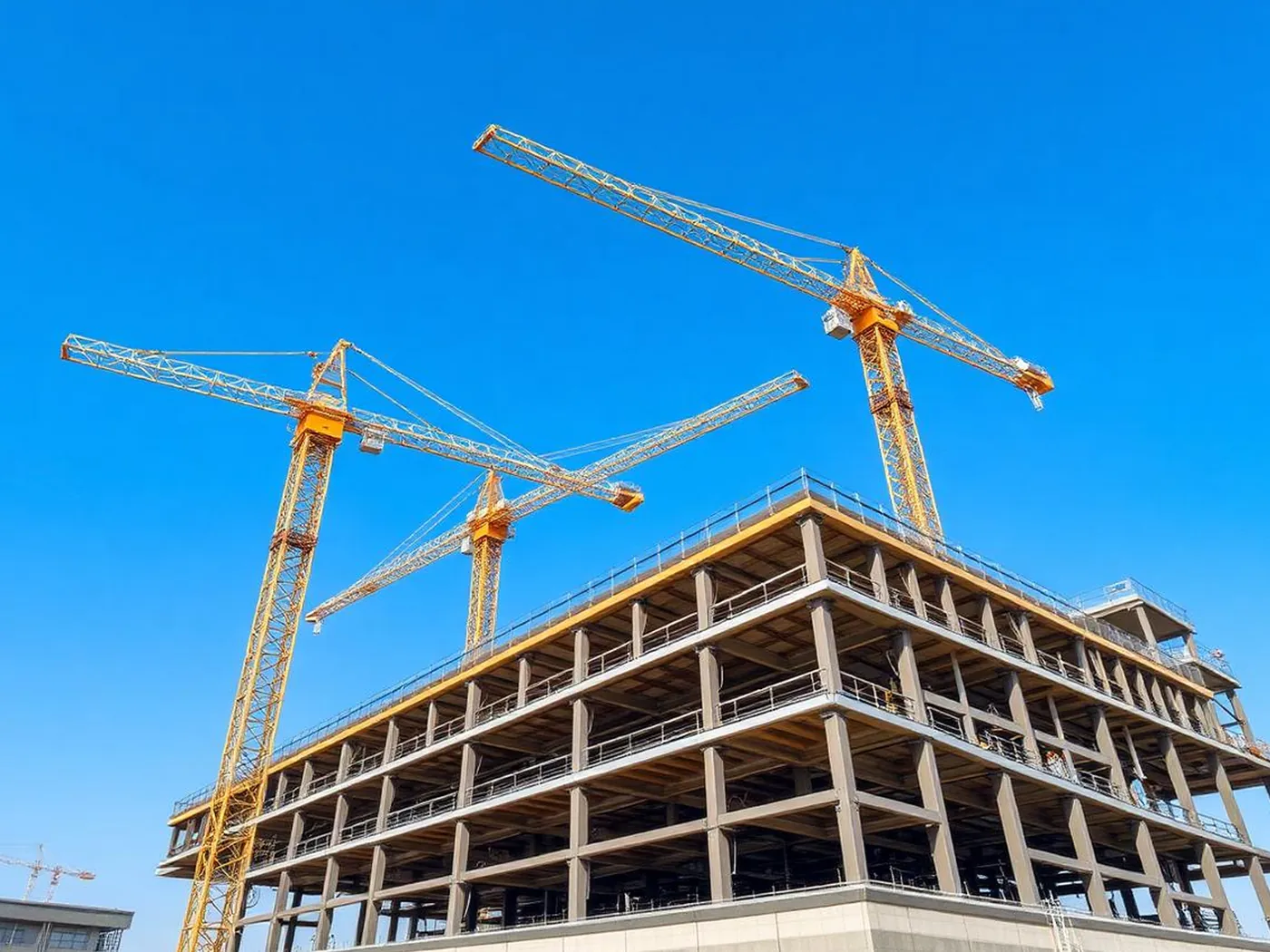 Tower cranes above a multi-storey concrete structure under construction