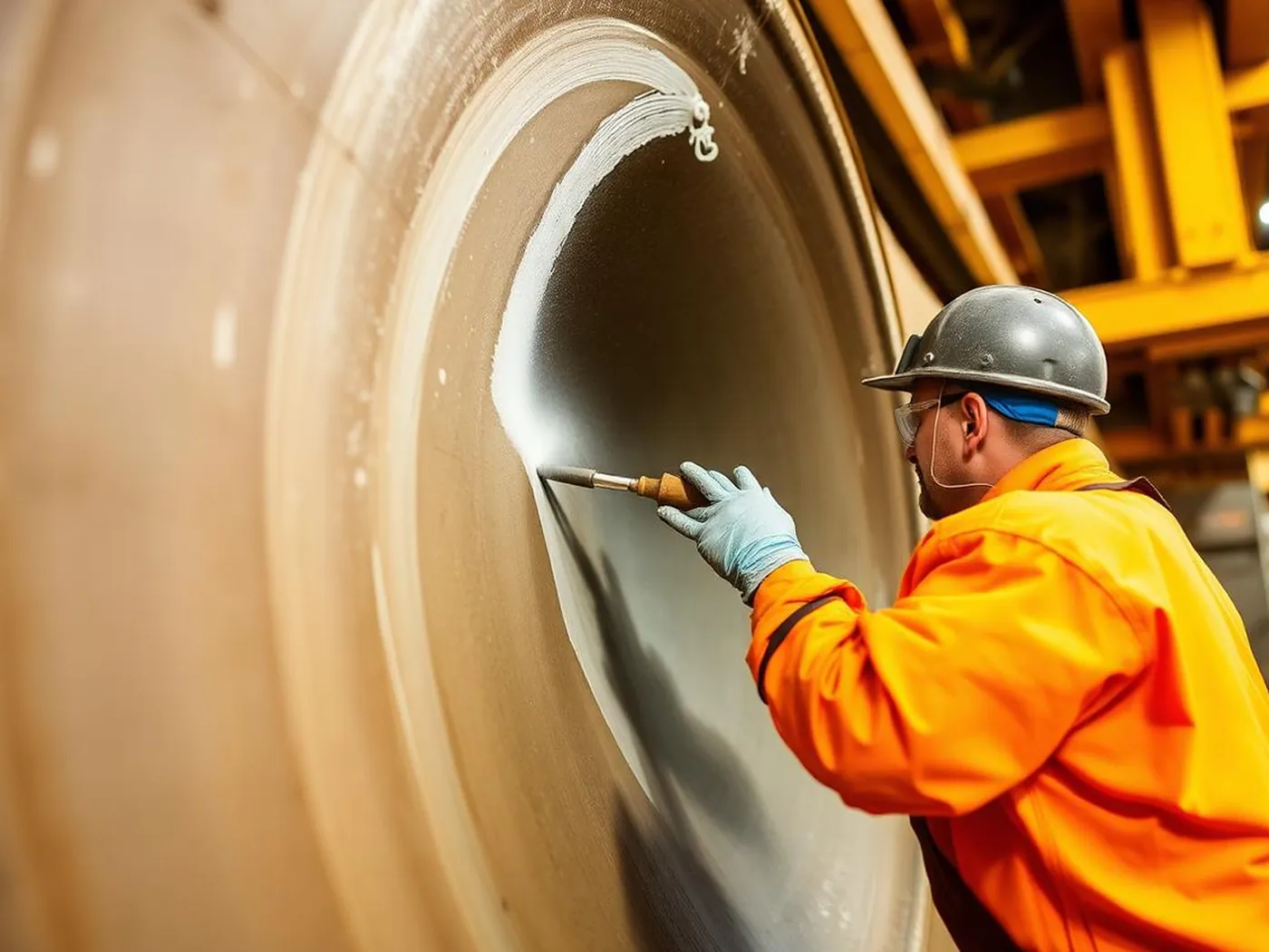 Worker applying protective coating to the inside of a large steel pipe