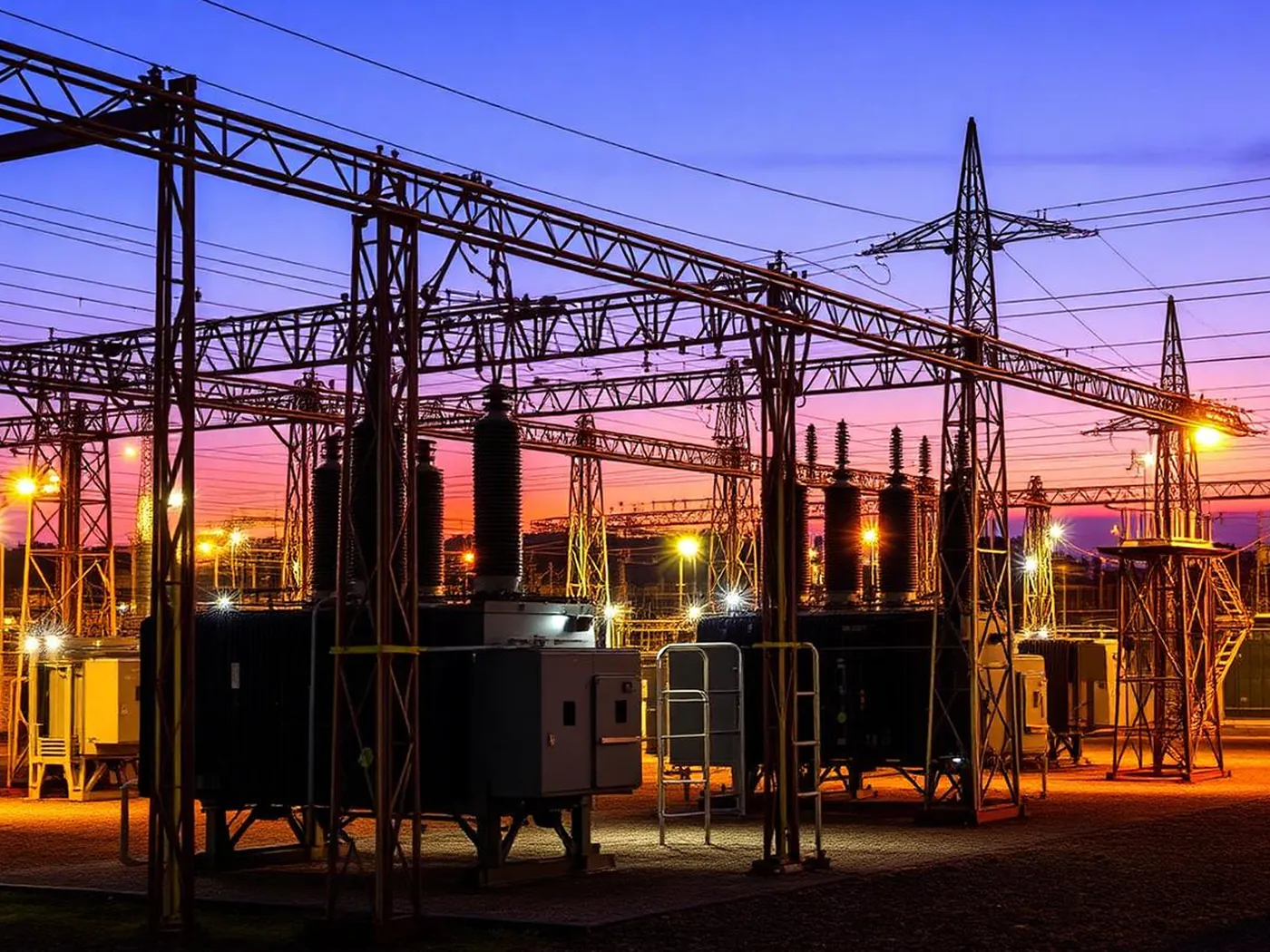 High-voltage substation with transformers and steel gantries at dusk