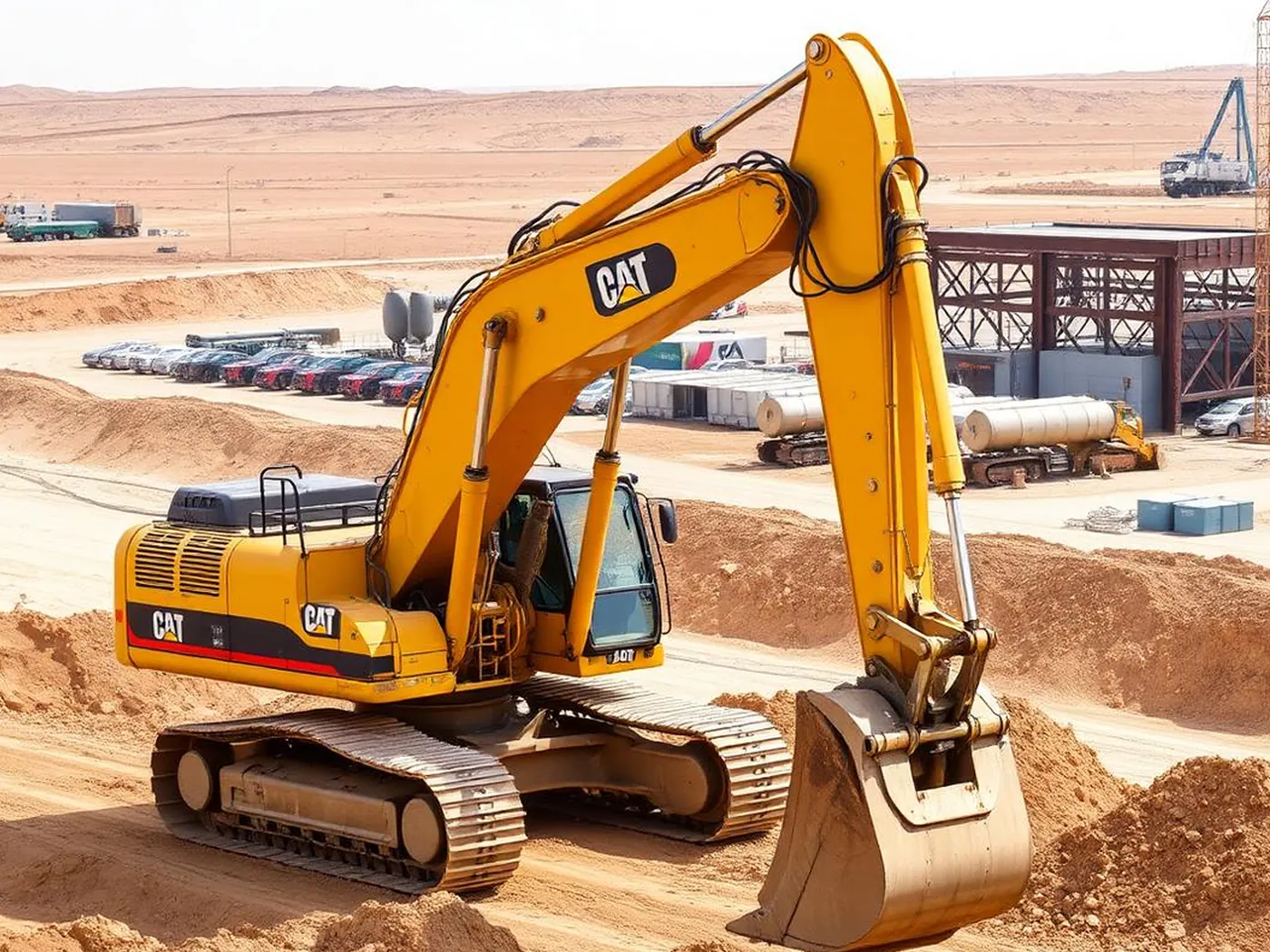 Excavator working bulk earthworks on a desert construction site
