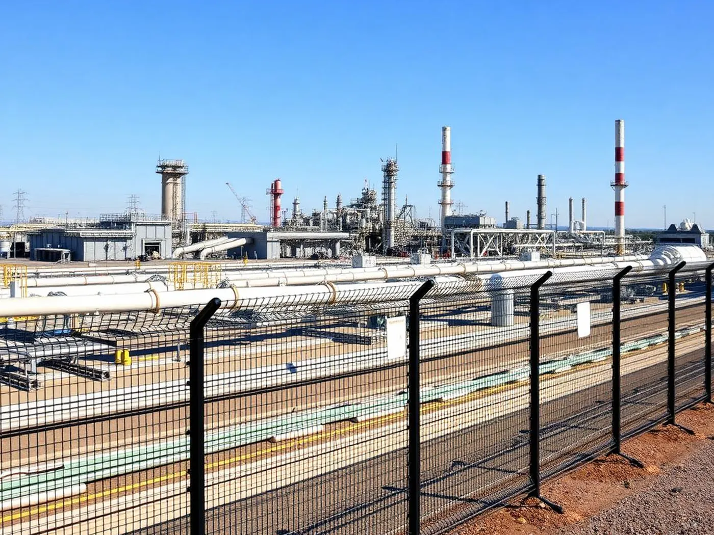 Welded-mesh security fence along a refinery perimeter