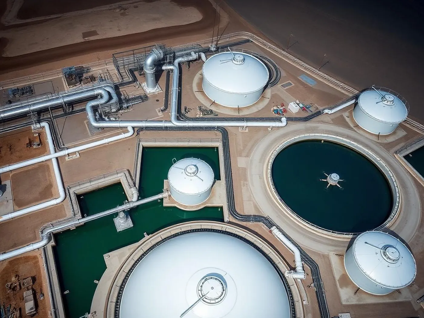 Aerial view of treatment tanks, basins and pipework at an industrial utilities site