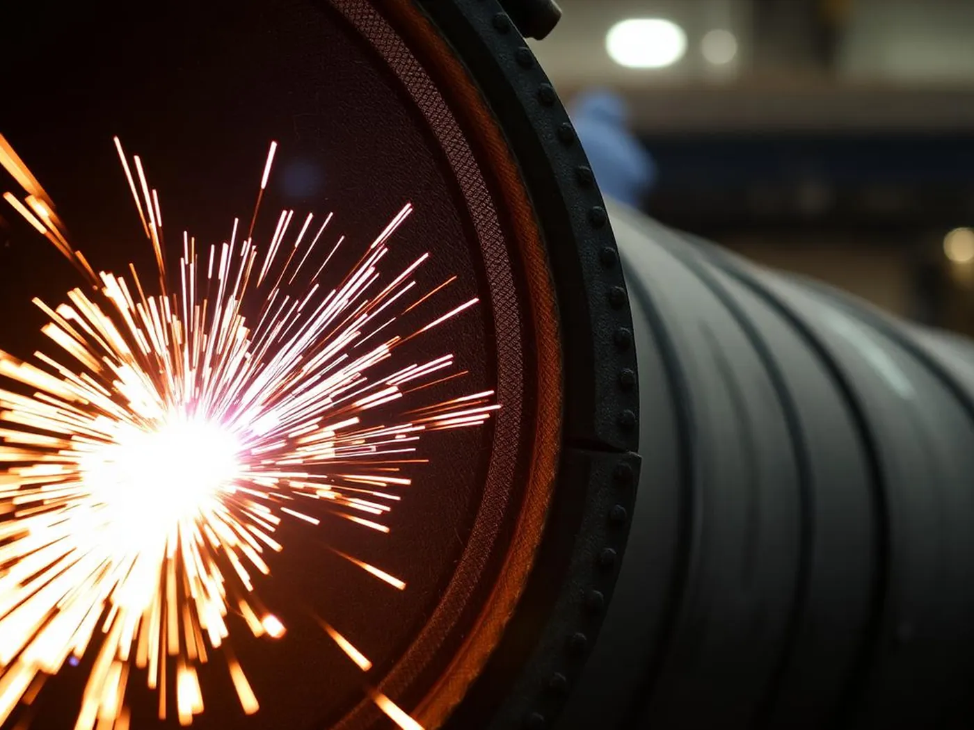 Welding sparks at the joint of a large steel pipe